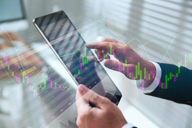 Stock exchange. Man using tablet and illustration of rating graph