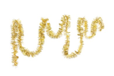 Shiny golden tinsel isolated on white. Christmas decoration