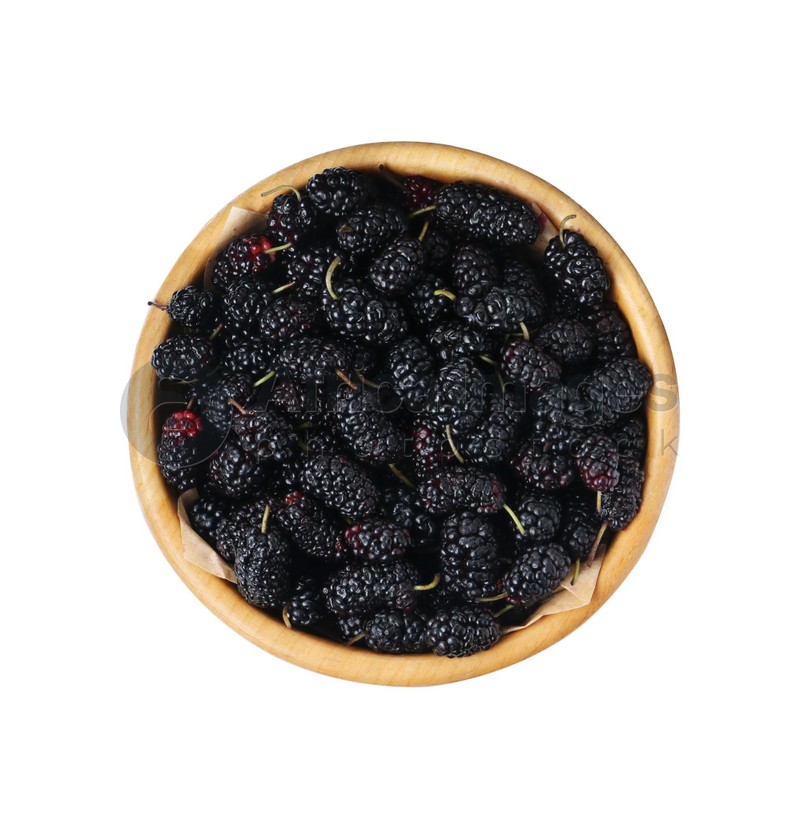 Bowl of delicious ripe black mulberries isolated on white, top view