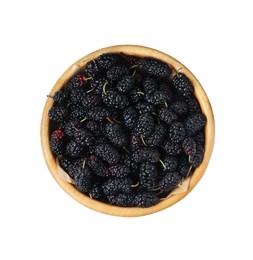 Bowl of delicious ripe black mulberries isolated on white, top view