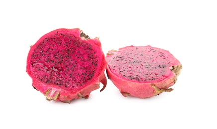 Delicious cut red pitahaya fruit on white background