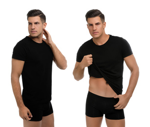 Collage of man in underwear and t-shirt on white background