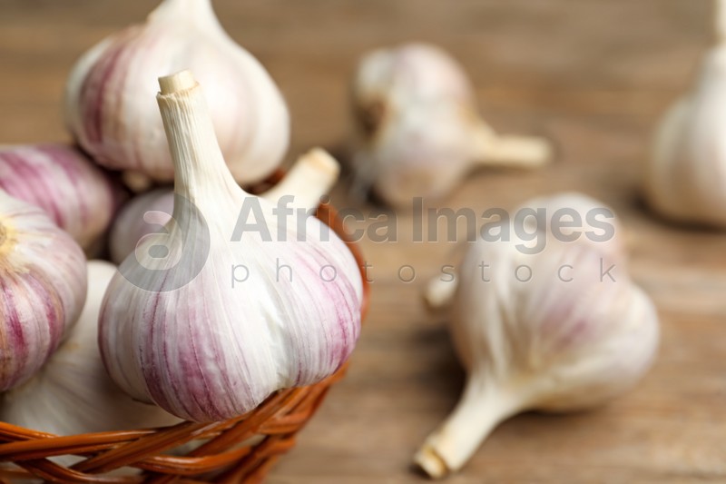 Fresh organic garlic in wicker basket, closeup