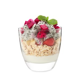 Glass of granola with different pitahayas, yogurt and mint isolated on white