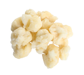 Frozen cauliflower florets isolated on white, top view. Vegetable preservation
