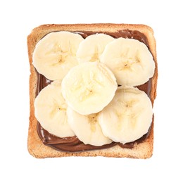 Delicious toast with bananas and chocolate cream isolated on white, top view