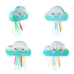 Set with cloud shaped pinatas on white background 