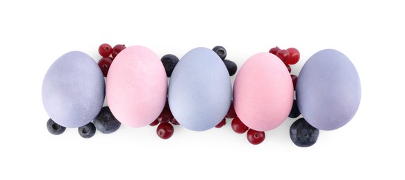 Photo of Naturally painted Easter eggs on white background, top view. Blueberries and cranberries used for coloring