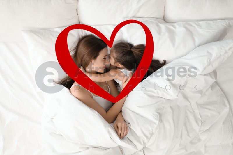 Illustration of red heart and happy mother with little daughter lying in bed, top view