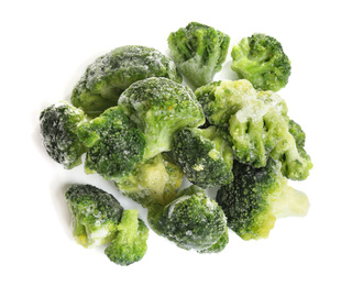 Pile of frozen broccoli florets isolated on white, top view. Vegetable preservation