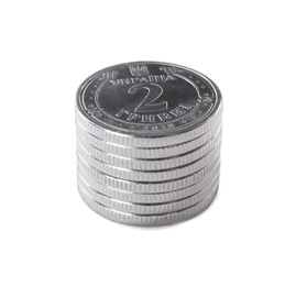 Stack of Ukrainian coins on white background. National currency