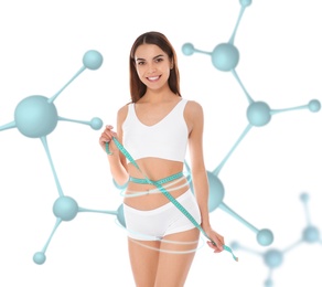 Metabolism concept. Woman with slim body and molecular chains on white background