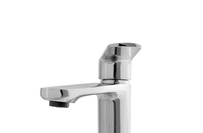 Single handle water tap on white background, closeup
