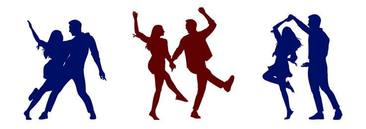 Set of dancing couples, silhouettes on white background. Vector illustrations