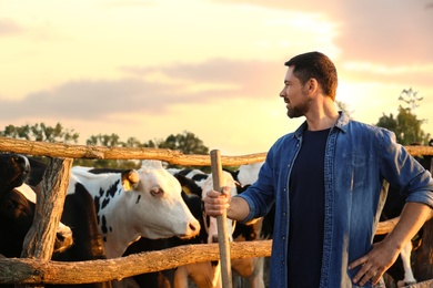 Photo of Worker with shovel near cow pen on farm. Animal husbandry