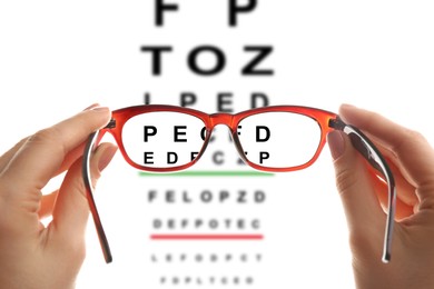 Woman holding glasses, closeup. View through lenses on eye chart, white background