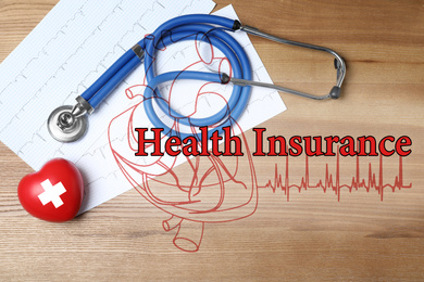Phrase Health Insurance, stethoscope, red heart and cardiogram on wooden background, flat lay