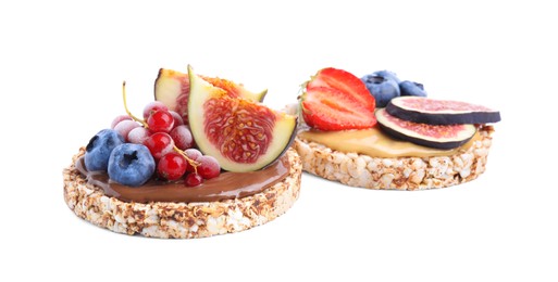 Photo of Tasty crispbreads with different toppings on white background