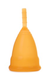 Orange menstrual cup isolated on white. Reusable feminine hygiene product