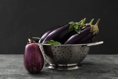 Ripe purple eggplants and basil on grey table