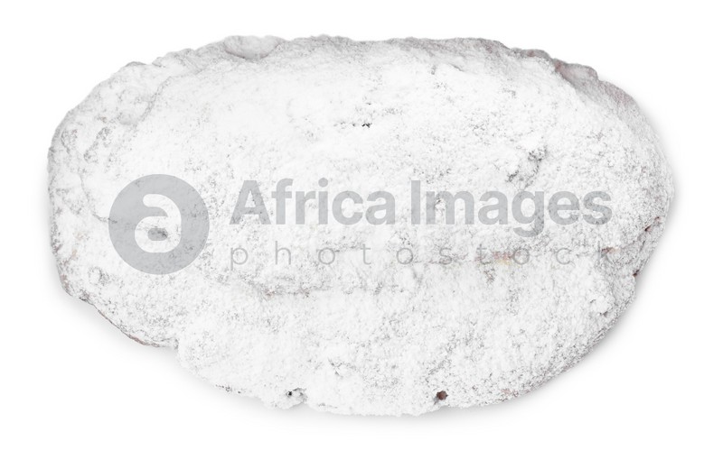 Delicious Stollen sprinkled with powdered sugar isolated on white, top view