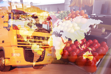Multiple exposure of truck, fresh fruits and world map. Wholesale concept