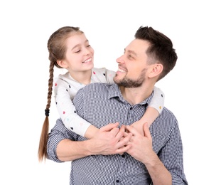 Dad and his daughter hugging on white background. Father's day celebration