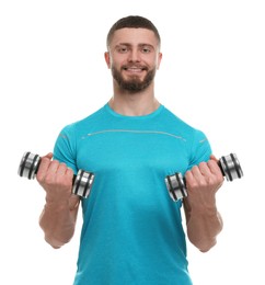 Photo of Handsome man exercising with dumbbells on white background