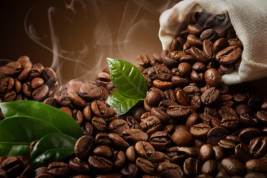 Pile of roasted coffee beans, closeup view 