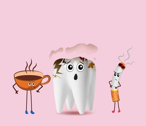 Unhealthy tooth, cup of coffee and cigarette on pink background, illustration. Dental problem