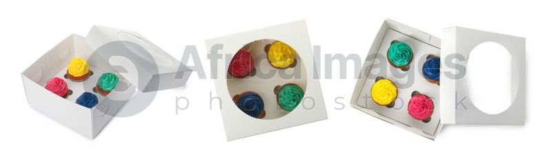 Set of boxes with different tasty cupcakes on white background. Banner design