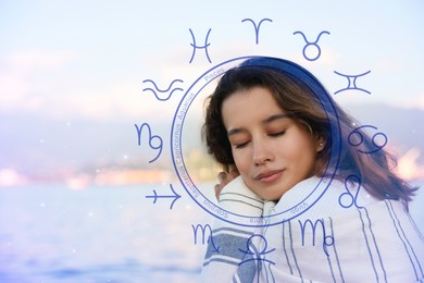 Image of Beautiful young woman outdoors and zodiac wheel illustration