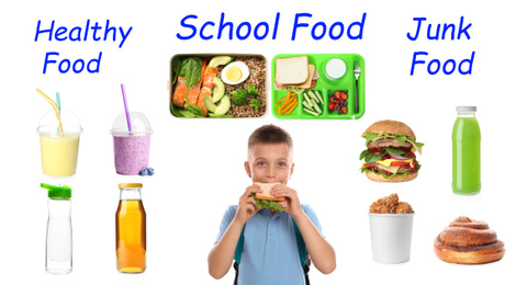 School food, healthy or junk. Boy and different products as variants for lunch