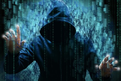 Man in hood and digital binary code on dark background. Cyber attack concept