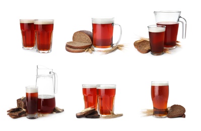 Image of Collage with delicious kvass on white background