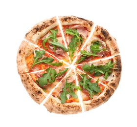 Tasty pizza with meat and arugula on white background, top view