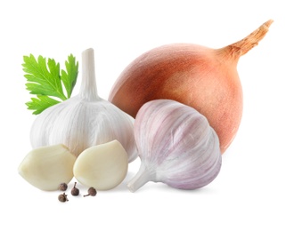 Mix of fresh garlic and onion on white background