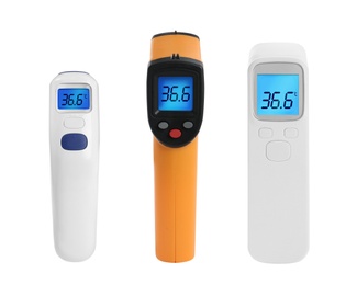 Infrared thermometers on white background, collage. Checking temperature during Covid-19 pandemic