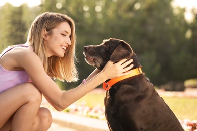 Cute brown labrador retriever with owner outdoors