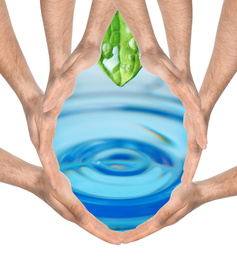 Men forming water drop with their hands on white background. Ecology protection