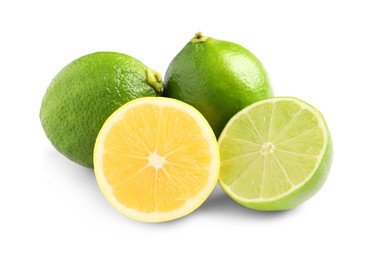 Fresh ripe lemon and limes on white background