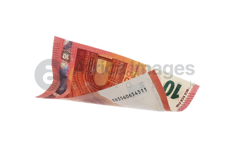 Euro banknote isolated on white. Flying money