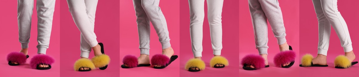 Image of Collage with photos of women wearing stylish slippers on pink background, closeup. Banner design