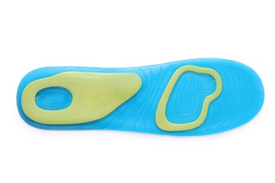Light blue orthopedic insole isolated on white, top view