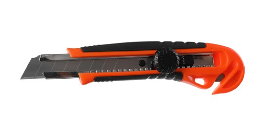 Orange utility knife isolated on white. Construction tool