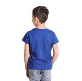 Little boy in t-shirt on white background. Mock-up for design