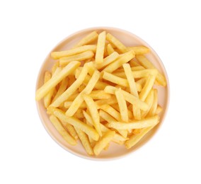 Photo of Plate with delicious french fries on white background, top view