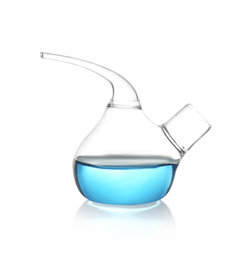 Retort flask with light blue liquid isolated on white