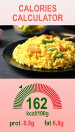 Weight loss concept. Calories calculator app with image of tasty dish and its caloric content