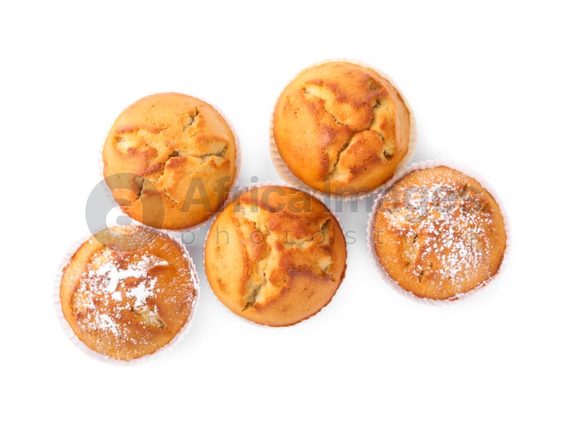 Photo of Tasty muffins on white background, top view